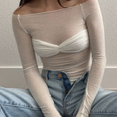 White Long Sleeve See Through Knit Off The Shoulder Top